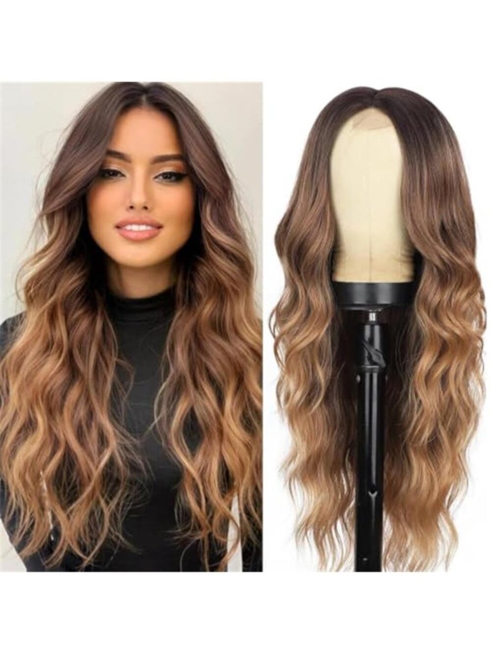 Long Brown Wavy Wig for Women, Ombre Brown Realistic 26 In